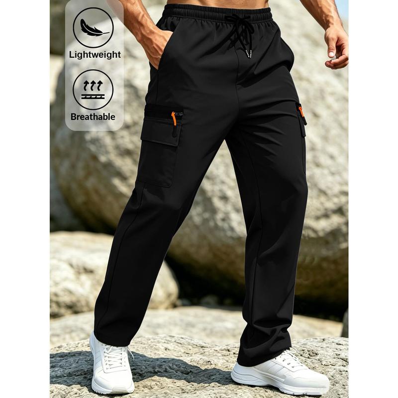 Men's Universal Quick-Drying Polyester Sport Joggers - Male Clothing, Regular Fit, Orange Decorative Zipper, Large Pockets, for Camping, Commuting