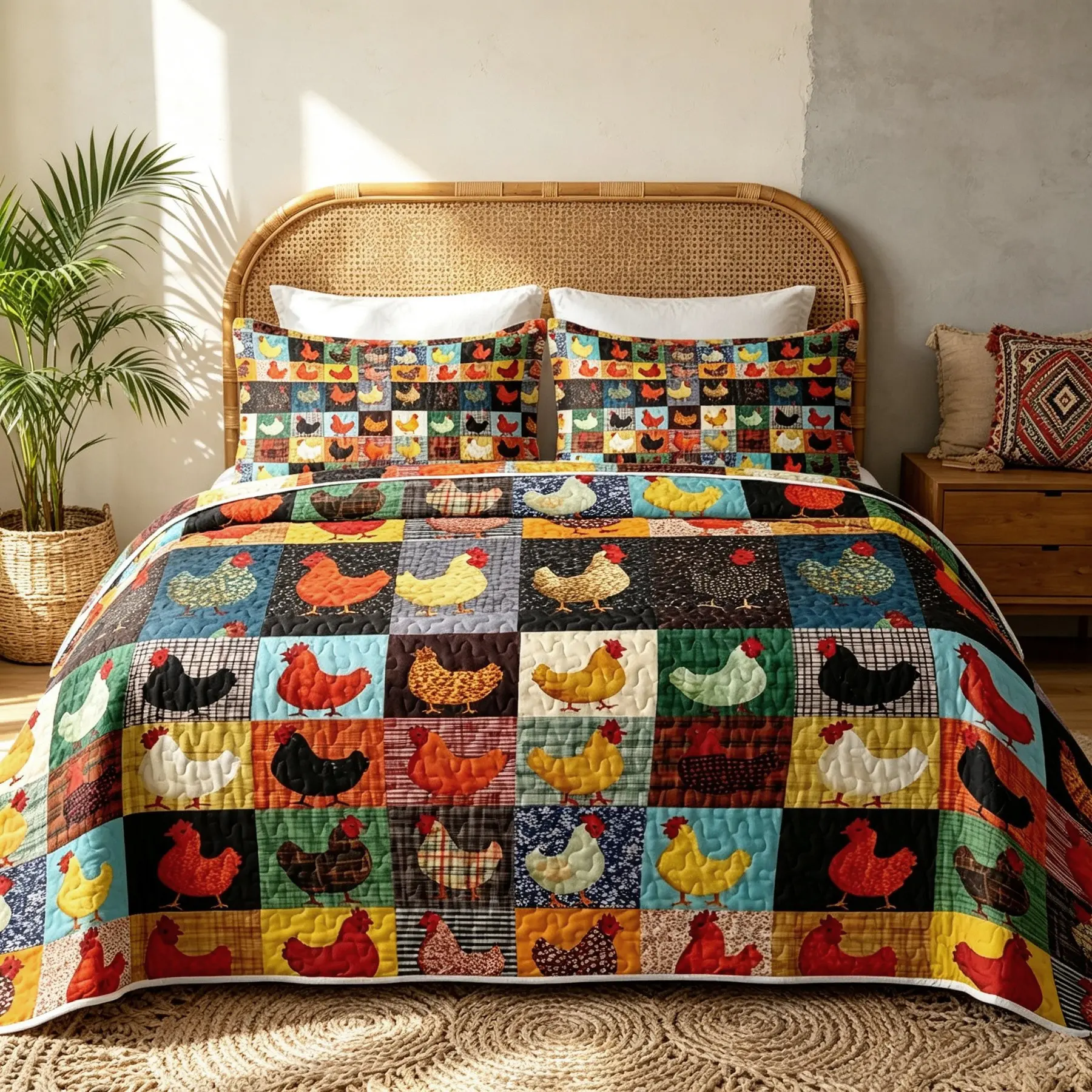 3pcs Chicken Patchwork Quilt Set, Reversible Farm Animal Patch Quilt Bedspread, Lightweight Microfiber Bed Coverlet Set, Country Rustic Hen Rooster Print Bedding Set with Pillow Shams, No Comforter Filling for All‑Season Use