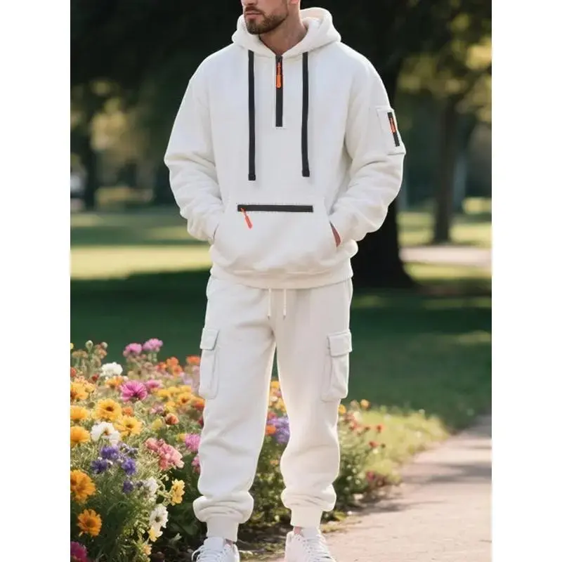 Men's Winter Fleece Lined Casual Set, Loose Fit Sporty Multi-Pocket Workwear, Warm Long Sleeve Jacket & Pants for Cold Weather