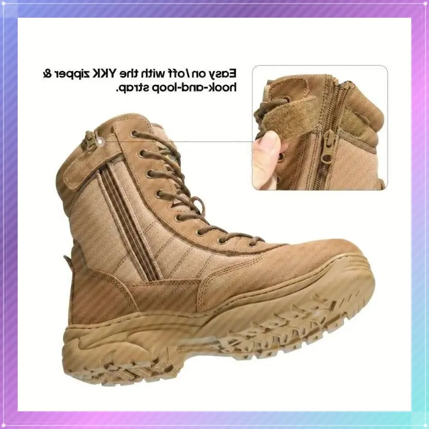 Men's Leather Tactical Work Boots with Side Zipper - Motorcycle Combat Footwear, Lace-Up Design, Comfort Rubber Sole, Orthotic Support