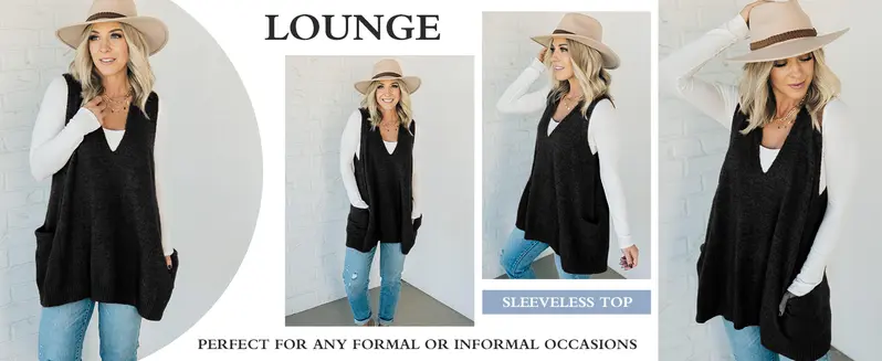 Imily Bela Womens Sleeveless Sweater Vest V Neck Casual Loose Knit A Line Flattering Tunic Top with Pockets Fashion Vest Sleeveless Sleeveless Minimalist Style