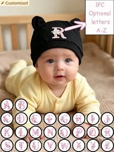 1PC Baby A-Z Letter Newborn Hospital Cap Cartoon Bear Ear Newborn Baby Hat Soft Boy Girl Hats Beanie Solid Color Cap Bonnet Newborn Photography 0-3M