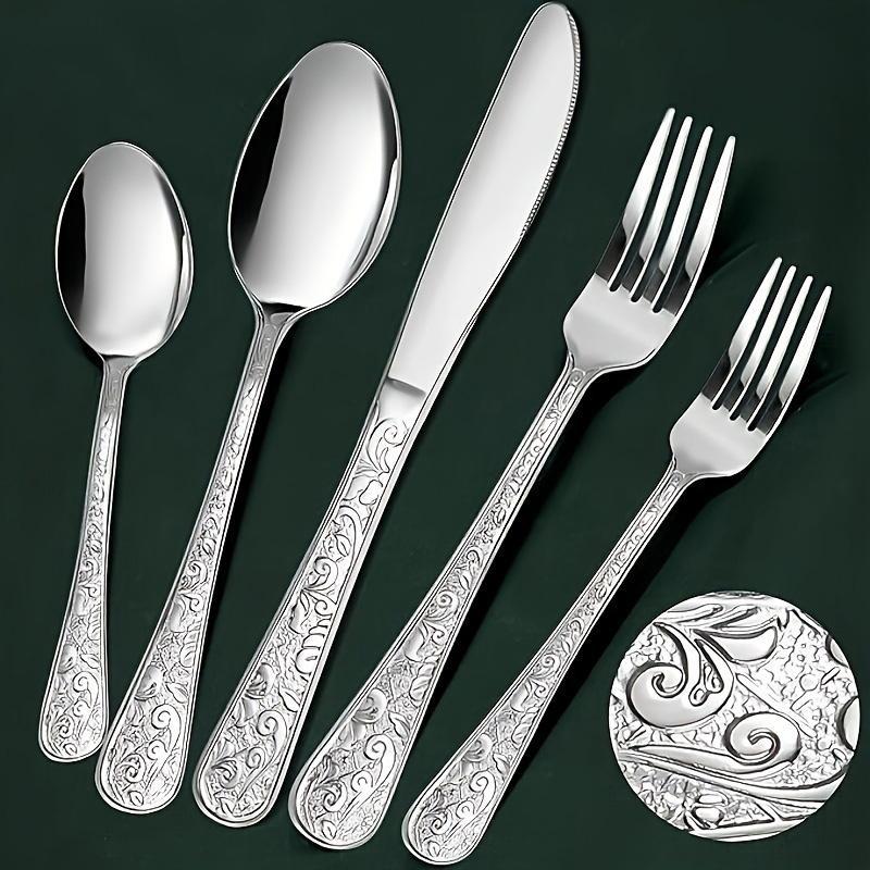 Stainless Steel Vintage Engraved Cutlery Set, 20pcs/set Including Knife & Fork & Spoon, Tableware Set for Home Kitchen Dining Room
