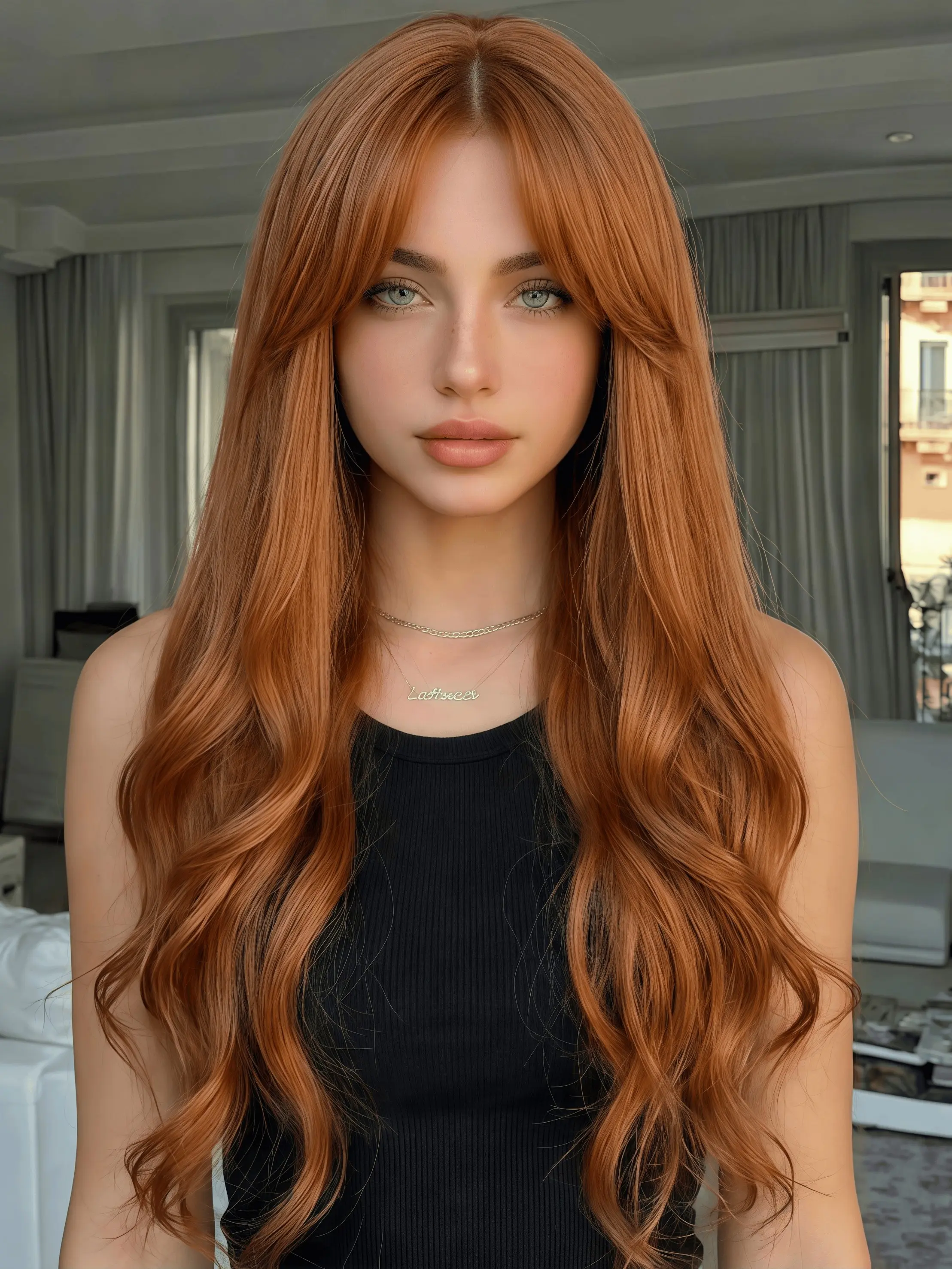 Long Wavy Copper Orange Wig with Curtain Bangs for Women, 30 Inch Auburn Brown Synthetic Wig with Natural Hairline, Glueless Loose Body Wave Wig, Heat Resistant Fiber for Daily Party Cosplay Use, Premium Synthetic Wigs