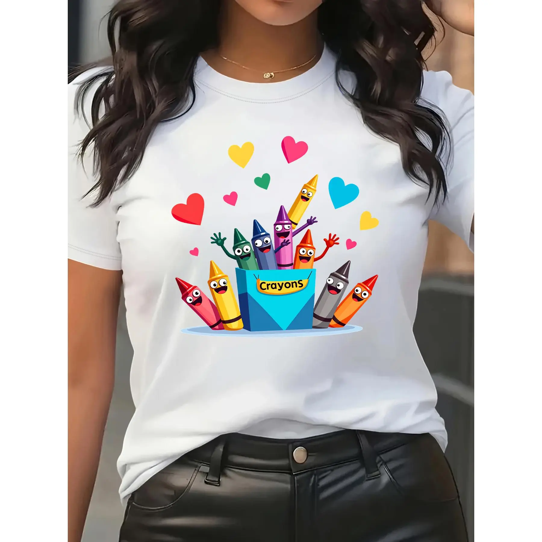 [Cartoon Crayon T-Shirt] Fun Cartoon Crayon Print T-Shirt, Sweet Round Neck Short Sleeve, Soft Breathable Loose Fit, Versatile Casual for Art //' Outing