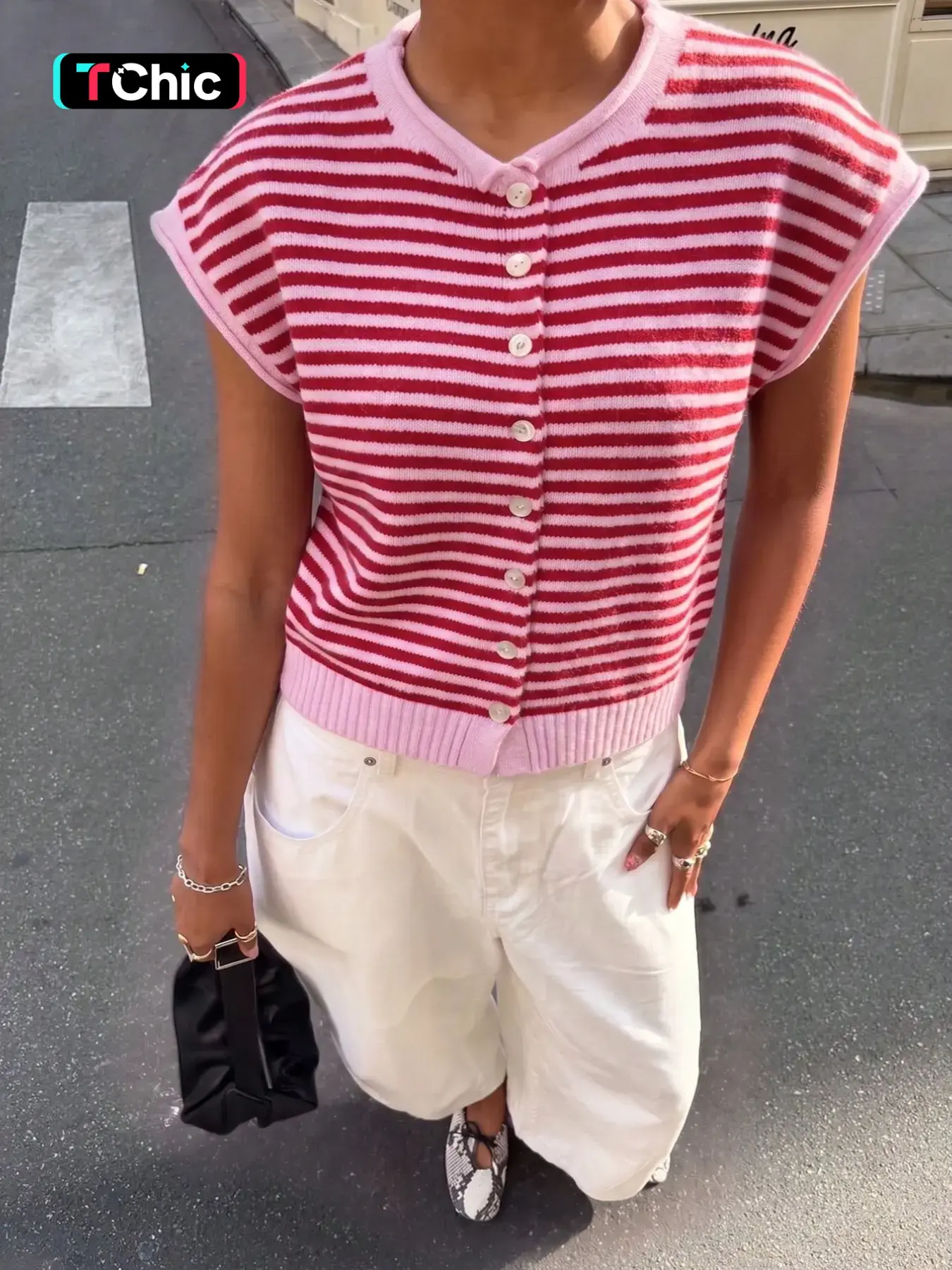 Women's Spring Summer New Fashion Simple Casual Loose Striped Patchwork Short Sleeve Button Knit Cardigan, High-End Classic Versatile, Street Style