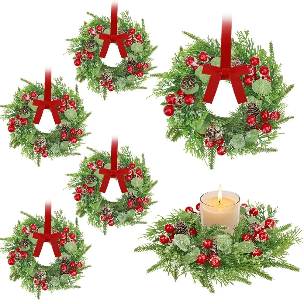 6 Mini Christmas Cabinet Wreaths, 7.9 Inch Raspberry Candle Rings with Ribbon Bow, Holiday Decor for Table Center, Window, Wall, Fireplace, Chair