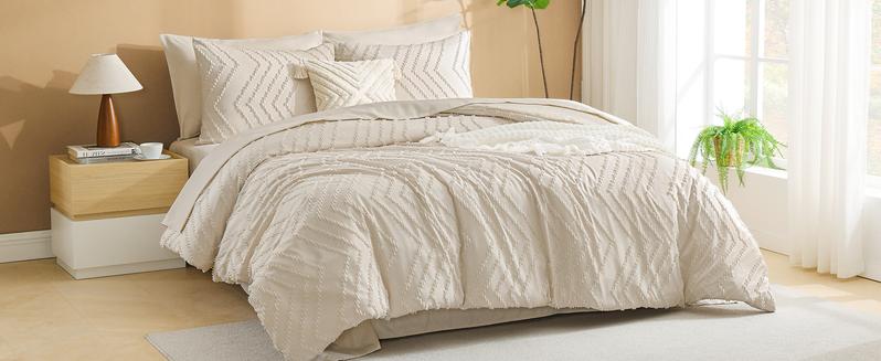 California King Comforter with Beige - 7 a Bag Cal King Cream Boho Tufted Complete Beddding Sets with Comforter,, Pillowcases  Shams