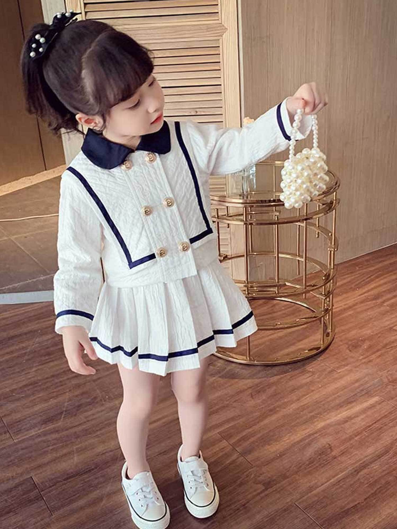 Girls' Exquisite Little Chic Suit Dress |         White Short - Style Golden - Buttoned Coat Matched with Pleated Skirt, Navy Blue Trim, Elegant Temperament, Fashionable and Sweet Two - Piece Set for Little Girls,