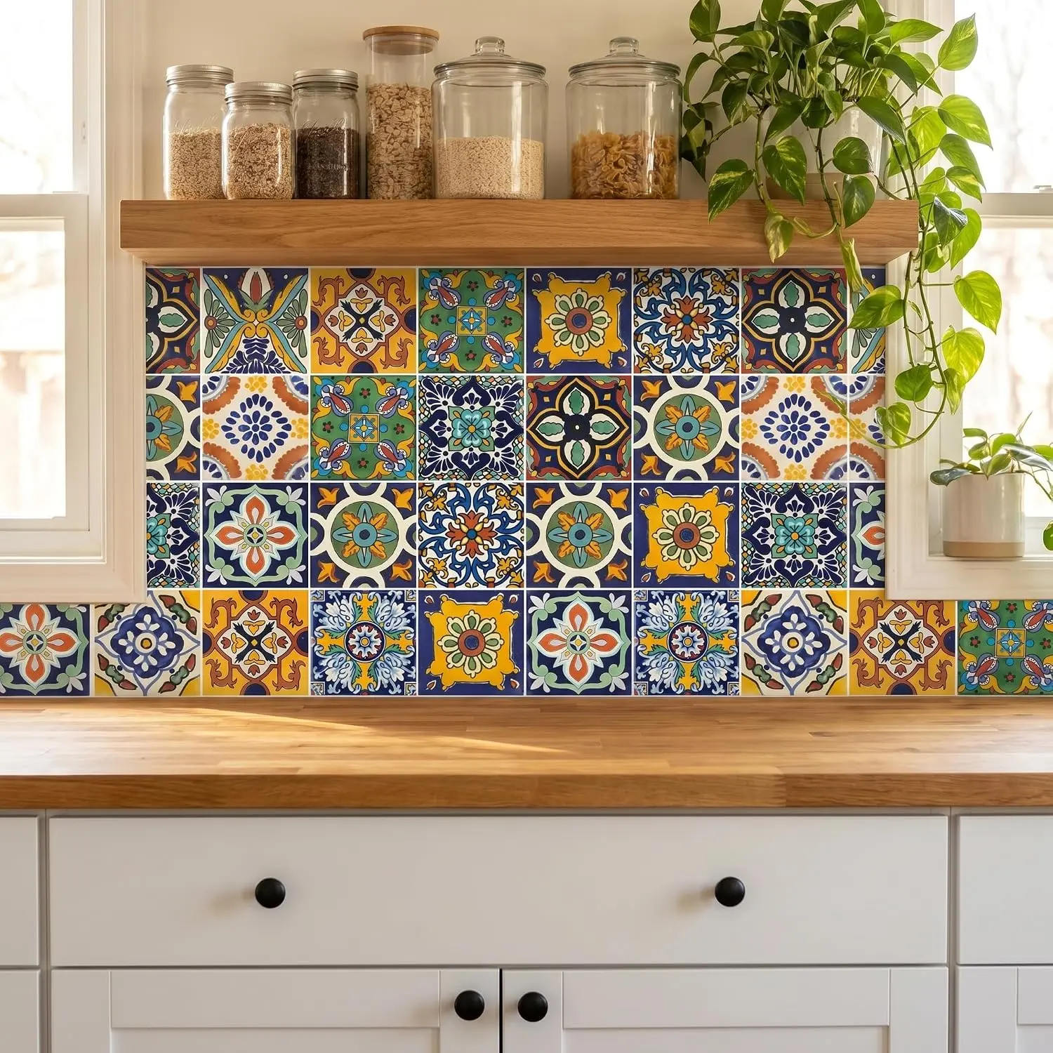 30-Count Modern Vinyl Moroccan Tile Stickers - Peel and Stick, Self-Adhesive 4x4 Inch Removable Backsplash for Kitchen/Bath Walls