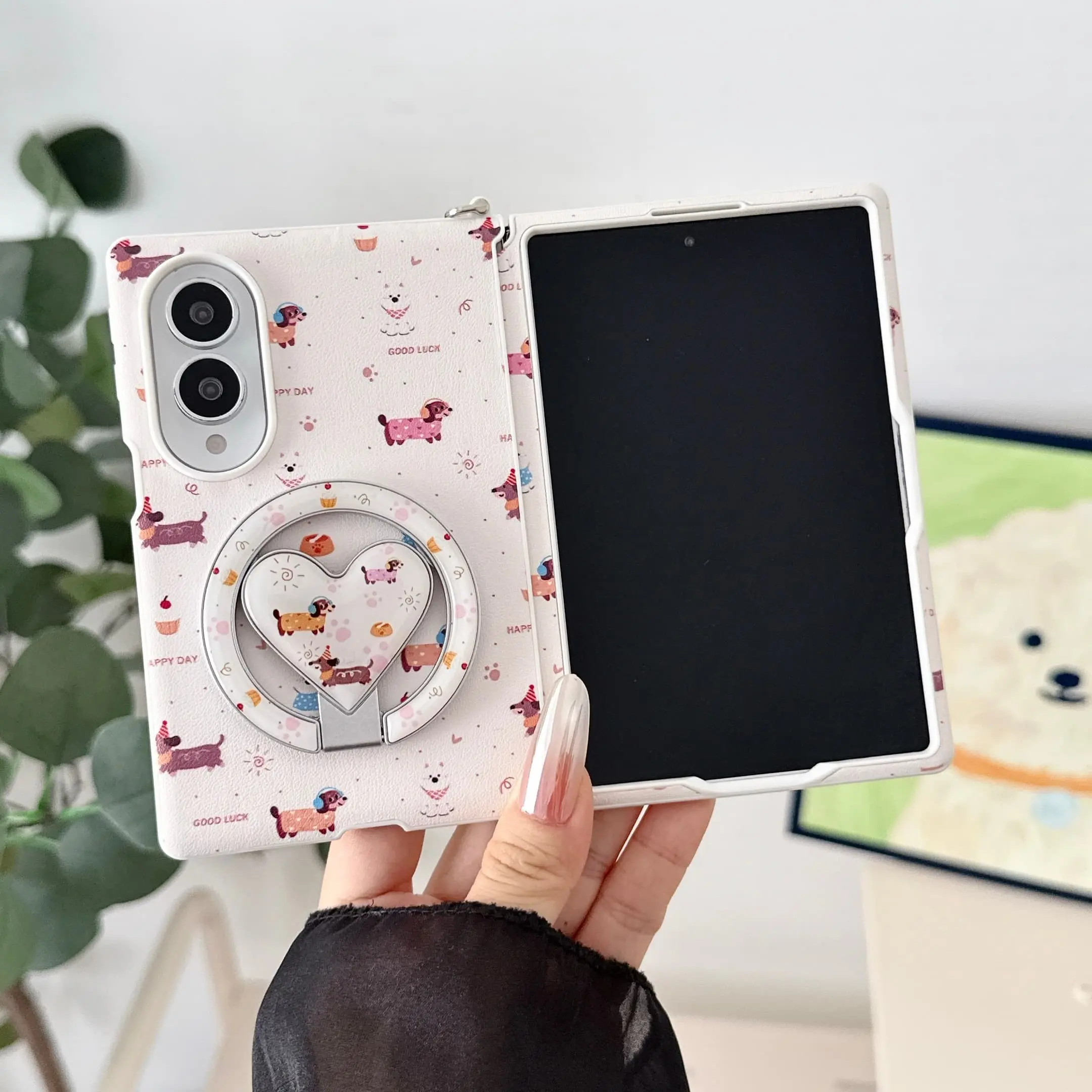 Cute Dachshund Design Phone Case for Samsung Galaxy Z Fold 8, Full-Protection Shockproof Protective Cover with Heart Rotating Magnetic Stand