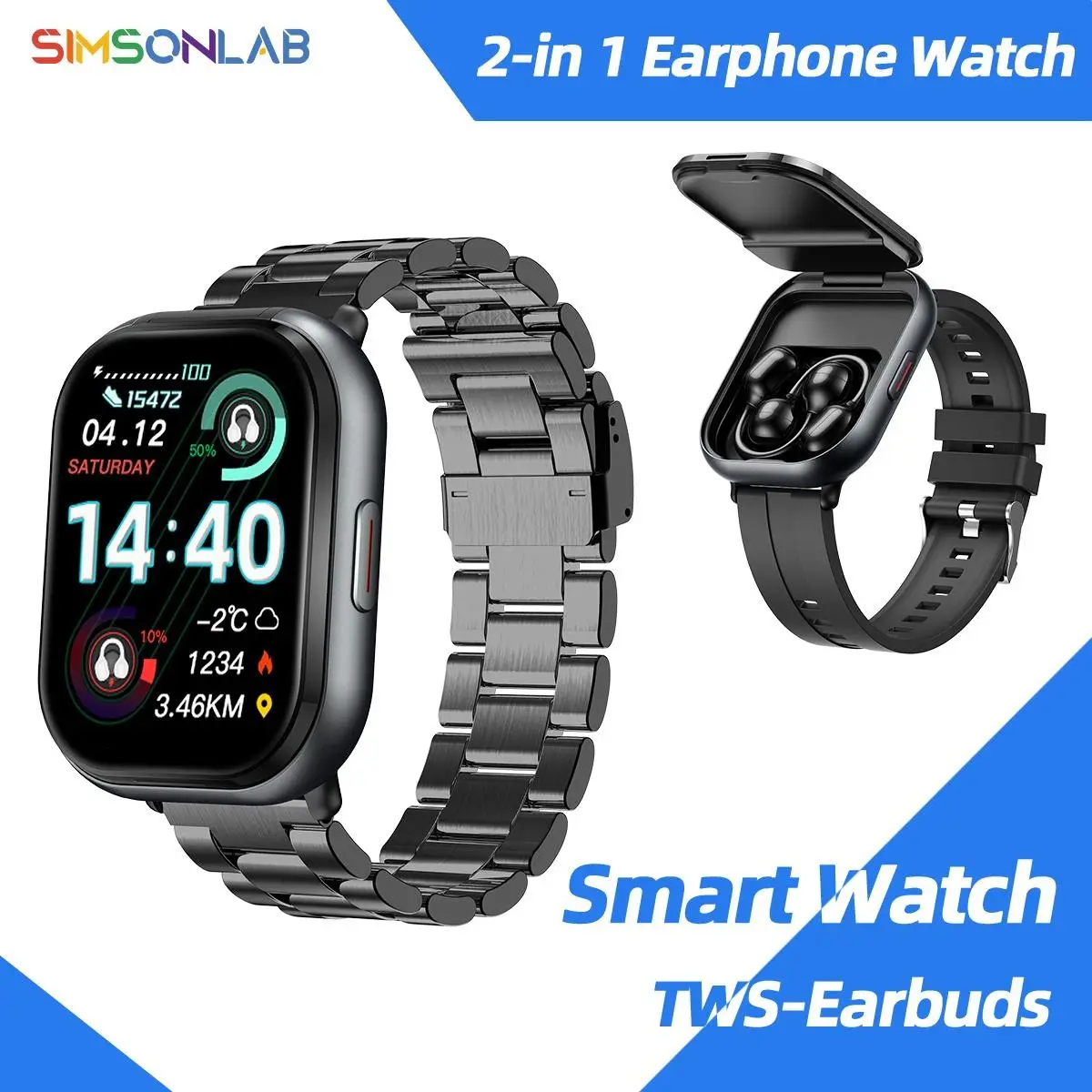 2-In-1 Earphone, Multifunctional Smart Watch, 2.01'' HD Large Screen + Ultra-Light Clip-On Ear Design, 10-Day Ultra-Long Standby, Wireless Answering To Free Hands, Sports Modes, Smart Life, Multiple Styles Of Watch Faces