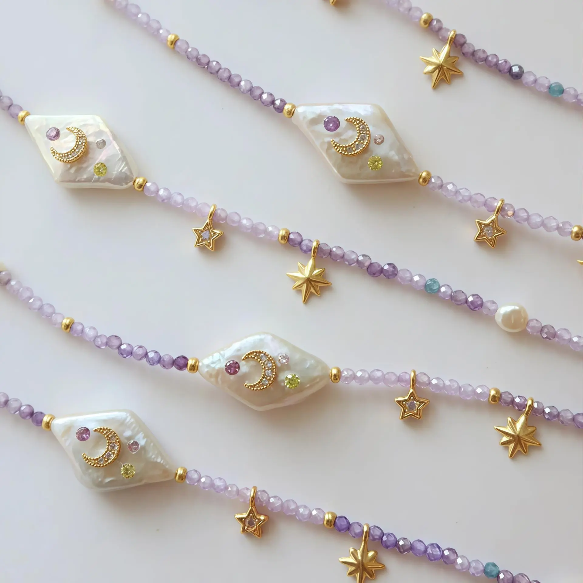 Women's Dangling Pearl Beaded Necklace - Natural Baroque Moon Star Purple Chain, Zircon-Inlaid Crab Whale Pendant, Colorful Costume Jewelry Accessory for Summer Vibes, Dangling Pearl Necklace, Beaded Necklaces