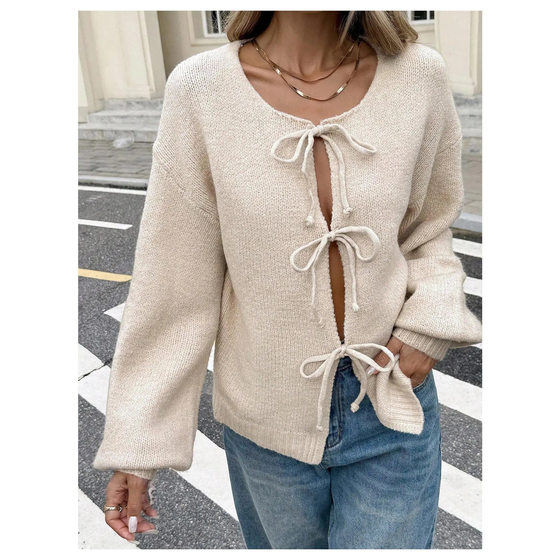 Ladies' Oversized Solid Color Knotted Long Sleeve Cardigan, Commute, Minimalist, Office Wear, Old Money, Simple, Women's Tie Front Belt Solid Color Knitwear Sweater Cardigan