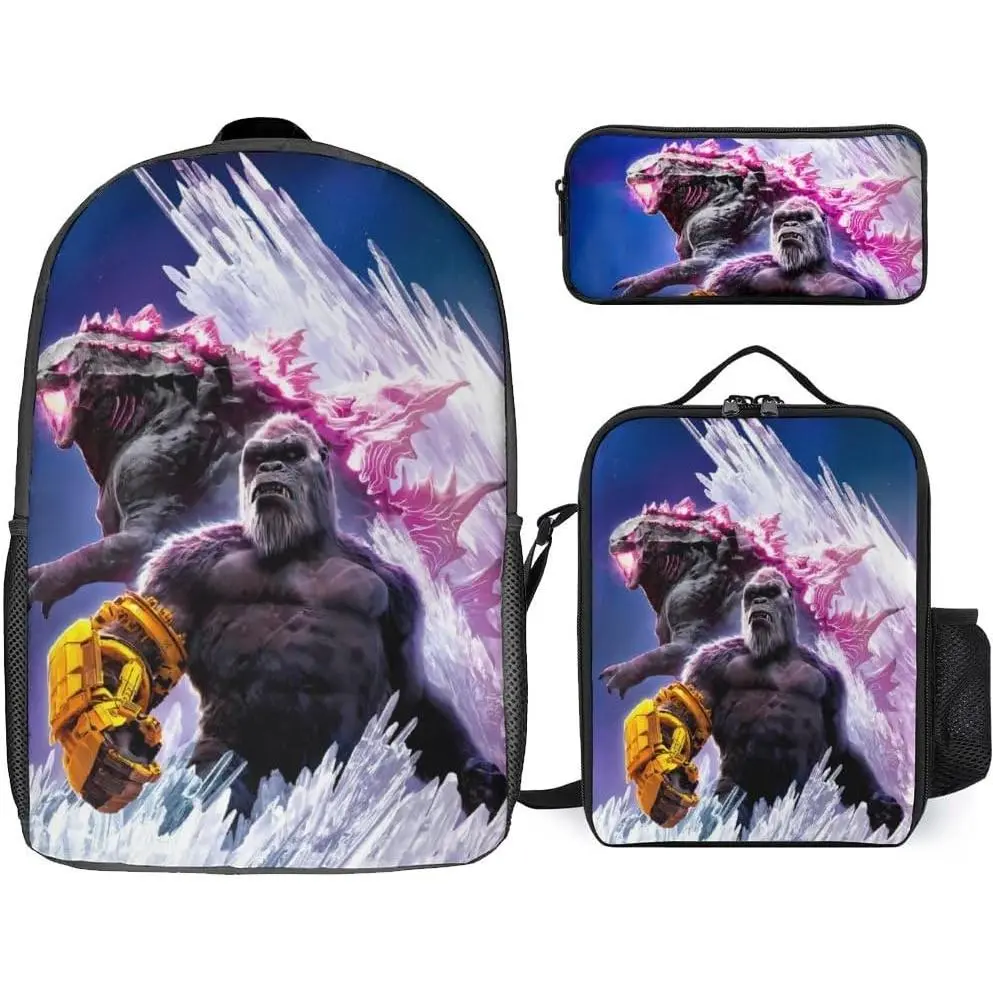 Godzilla Kong Ice Mountain Pink Spine Monster 3-Piece Backpack Set - Full Print Waterproof Oxford Backpack, Insulated Lunch Bag, Pencil Case for Giant Monster Fans Boys School Travel
