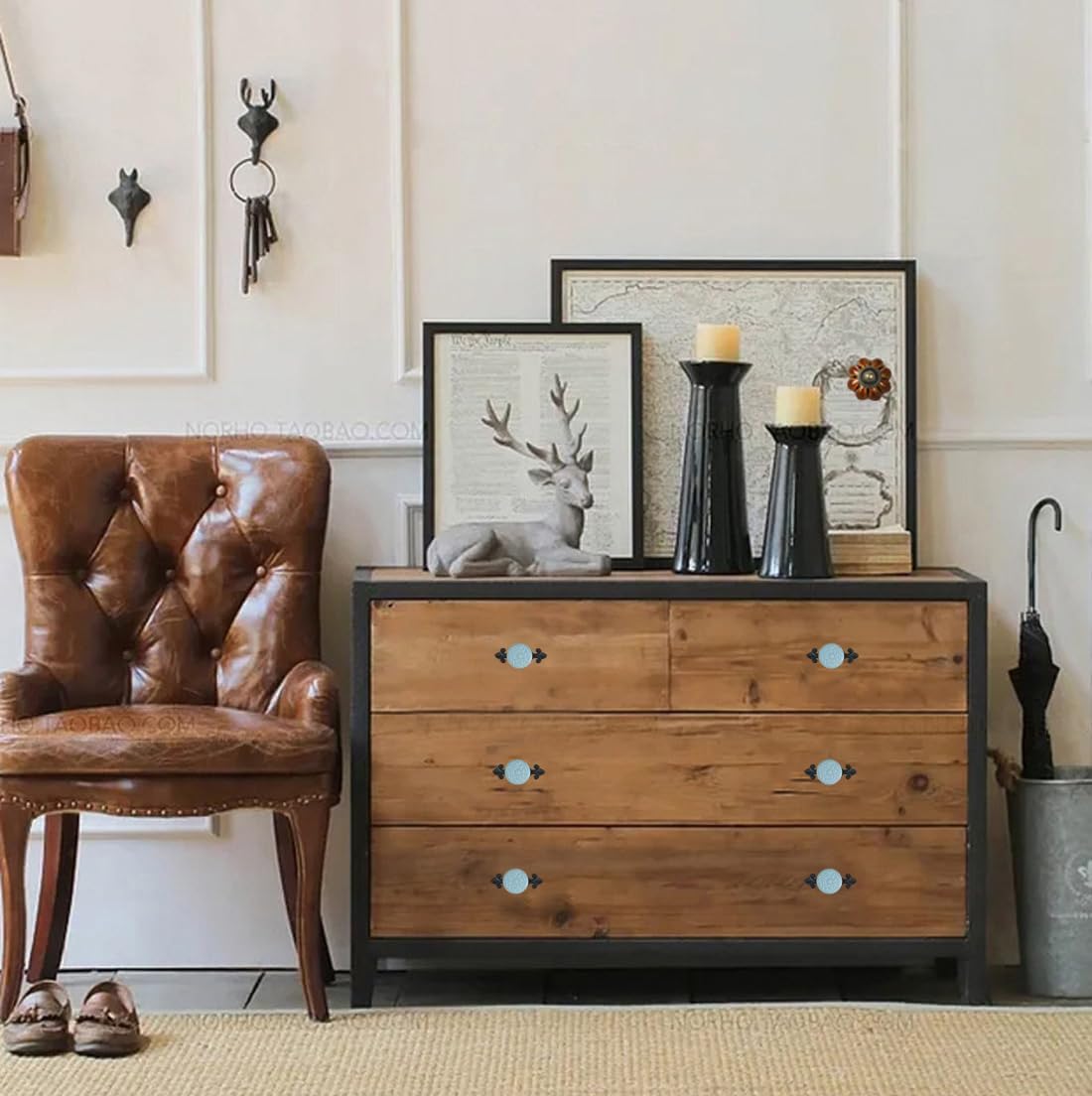 10 Pack Retro Ceramic Knobs  Dresser Kitchen Petal Cabinet Pulls Cupboard Wardrobe Drawer Handles, Black Base Backplate