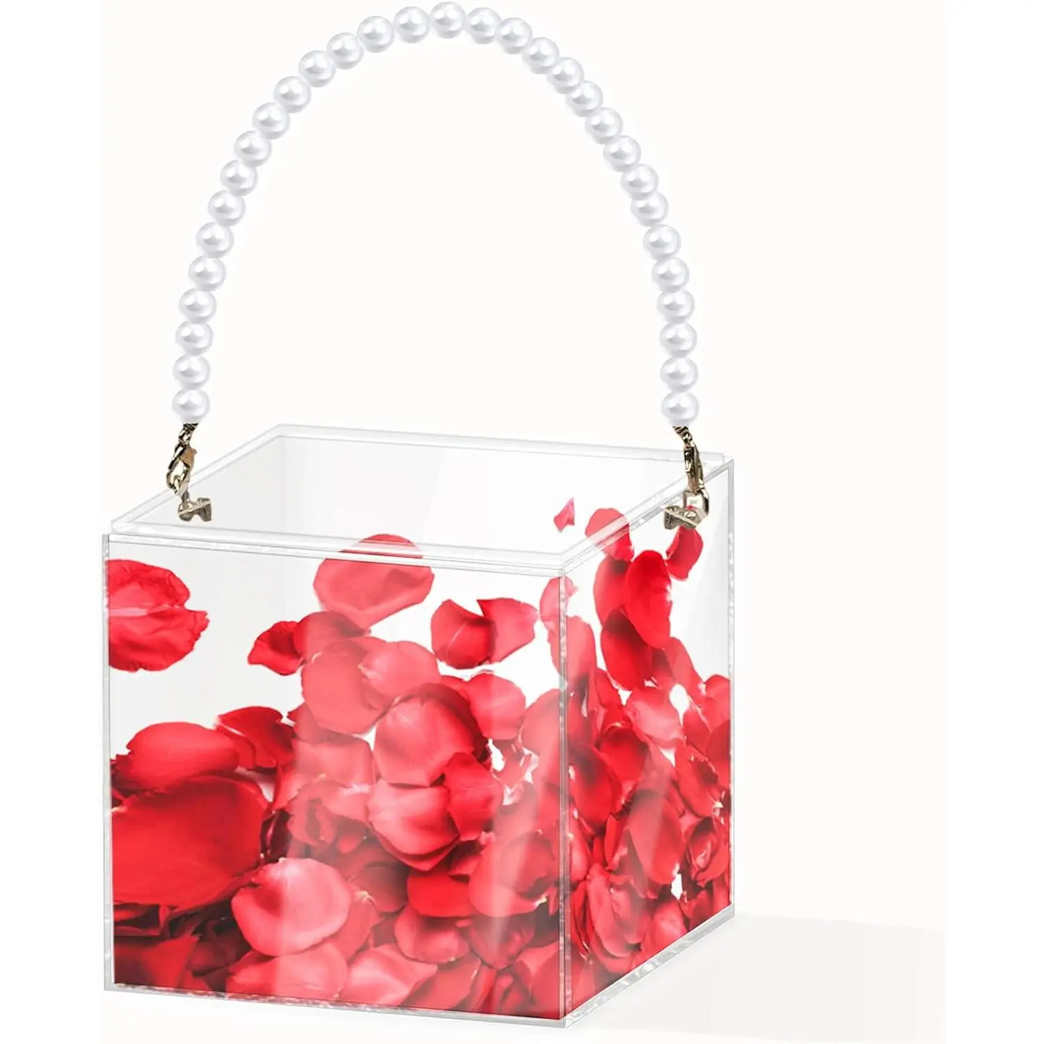 Compact, Portable Acrylic Plastic Flower Girl Basket with Ribbon Handle - Wedding Confetti & Petal Holder, No-Frills Home Organizer Storage Accessory