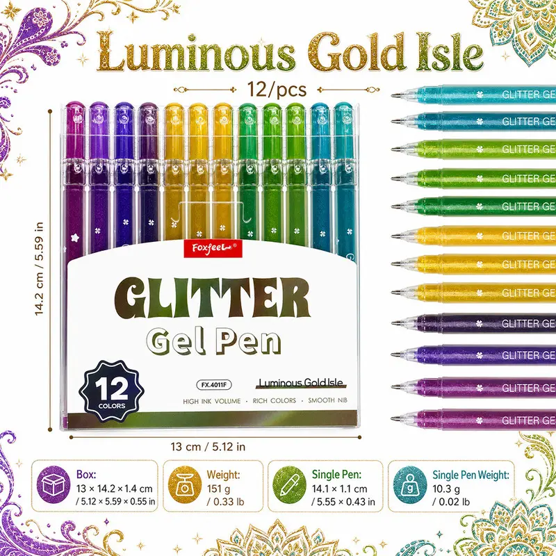 12 Colors Glitter Metallic Painting Journal Pens 0.8mm Gel Pens DIY Creative Markers Student Highlighting Hand Account Drawing Graffiti Pens School Office Art Supplies