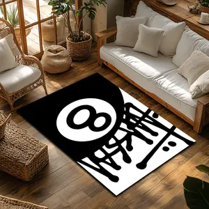 Black White 8-Ball Graffiti Crystal Velvet Billiard Area Rug #8BallGraffitiRug #MonochromeBilliardFloorMat #StreetStylePoolRoomCarpet #CrystalVelvetHomeDecor