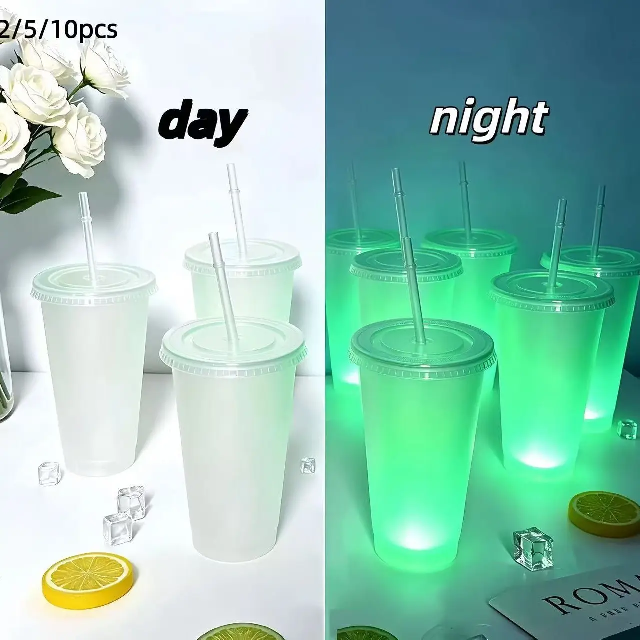 Transparent Glow-In-The-Dark Plastic Straw Cup, Reusable 24oz Plastic Cup, Ice Coffee Large Water Cup, Party Cold Drink Cup, Summer Beverage Cup, Glowing Plastic Tumblers, Drinkware