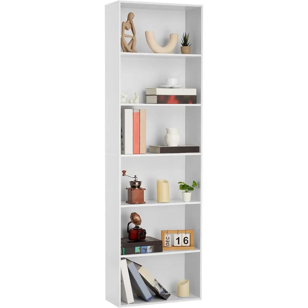 6-Tier Open White Bookshelf, Industrial Tall Bookshelf with Anti-Tip Kit, Minimalist Bookshelf with Storage for Bedroom,Living Room & Office