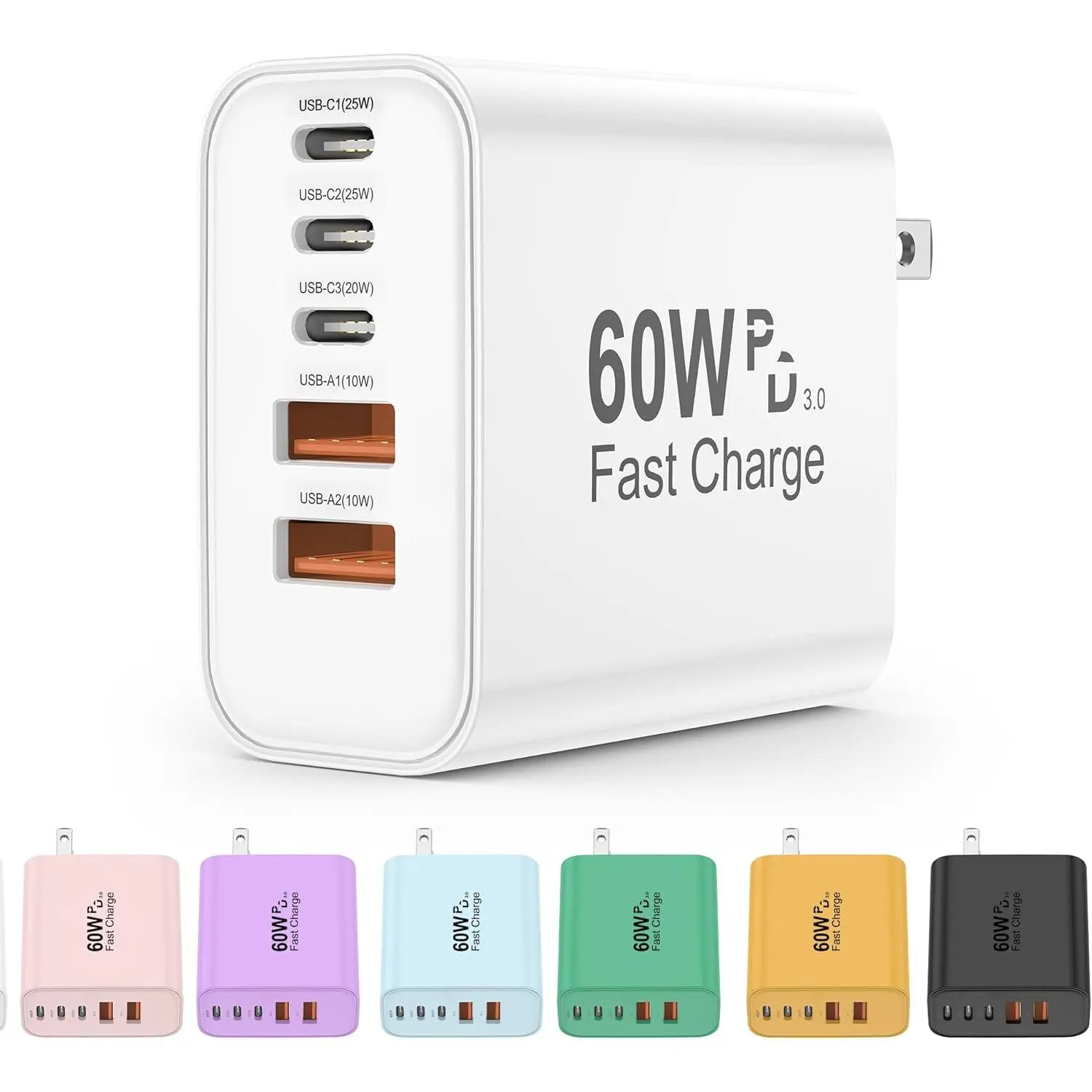 USB C Charger Block, 5 in 1 60W  Blocks, PD 3.0 25W Single Max  Charger, QC 2A USB Wall Charger for  17 16 15 14 13 12 Pro Max, iPad, iPod, , AirPods Pro,  Watch Series