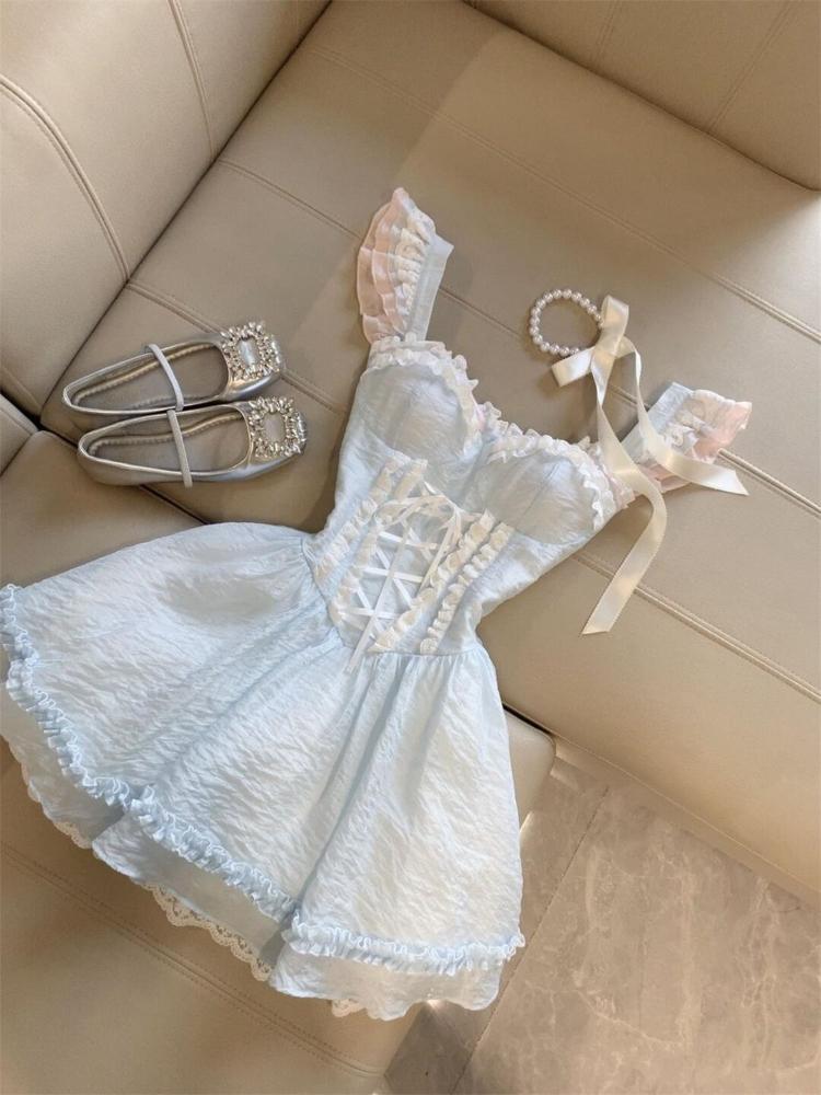 Summer Sweet Fairy Slim Blue Dress Fashion Design Lace Sling Thin Dresses Girl Elegant Chic Square Neck A-line New Outfits 2025