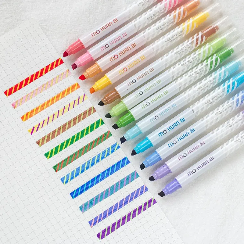 12 Color Creative Dual-Head Magic Changing Fluorescent Pen, Student Notebook Highlighter, Multi-Color Marking Pen for Notes