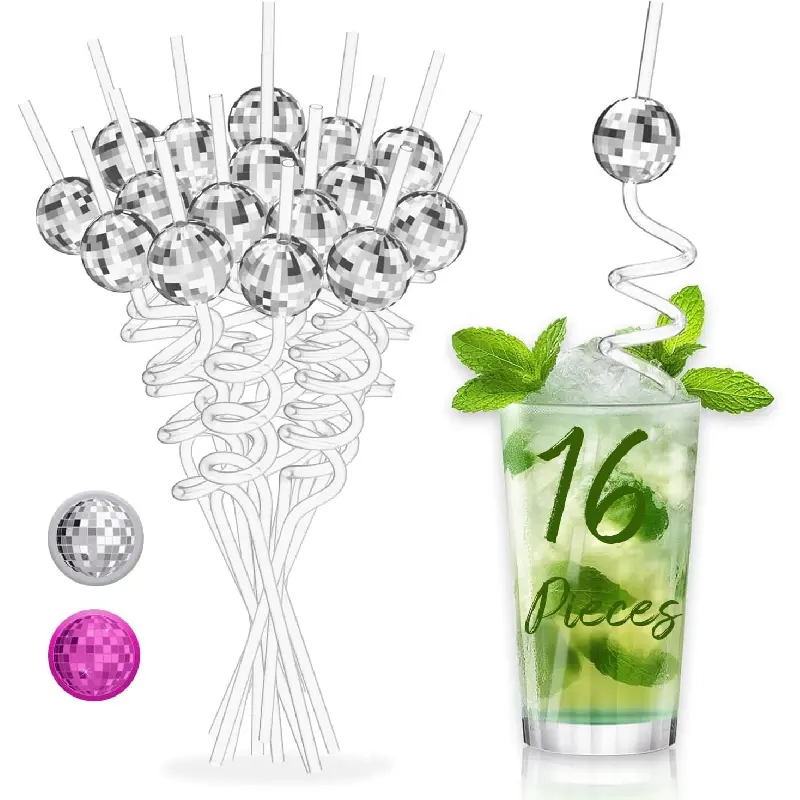 16PCS Disco Party Decorations, Mini Disco Ball Decor Reusable Straw, 70s Disco Ball Straws for Bachelorette Party Decorations Birthday Supplies (Silver)