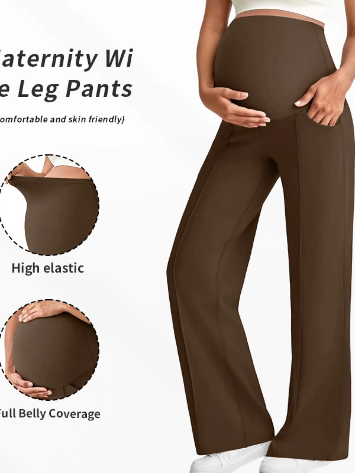 High Elastic Full Panel Maternity Clothing Wide Leg Pants, Butt Lifting Flared Trousers with Side Pockets, Comfort Belly Support Work Casual Pants for All Pregnancy Stages