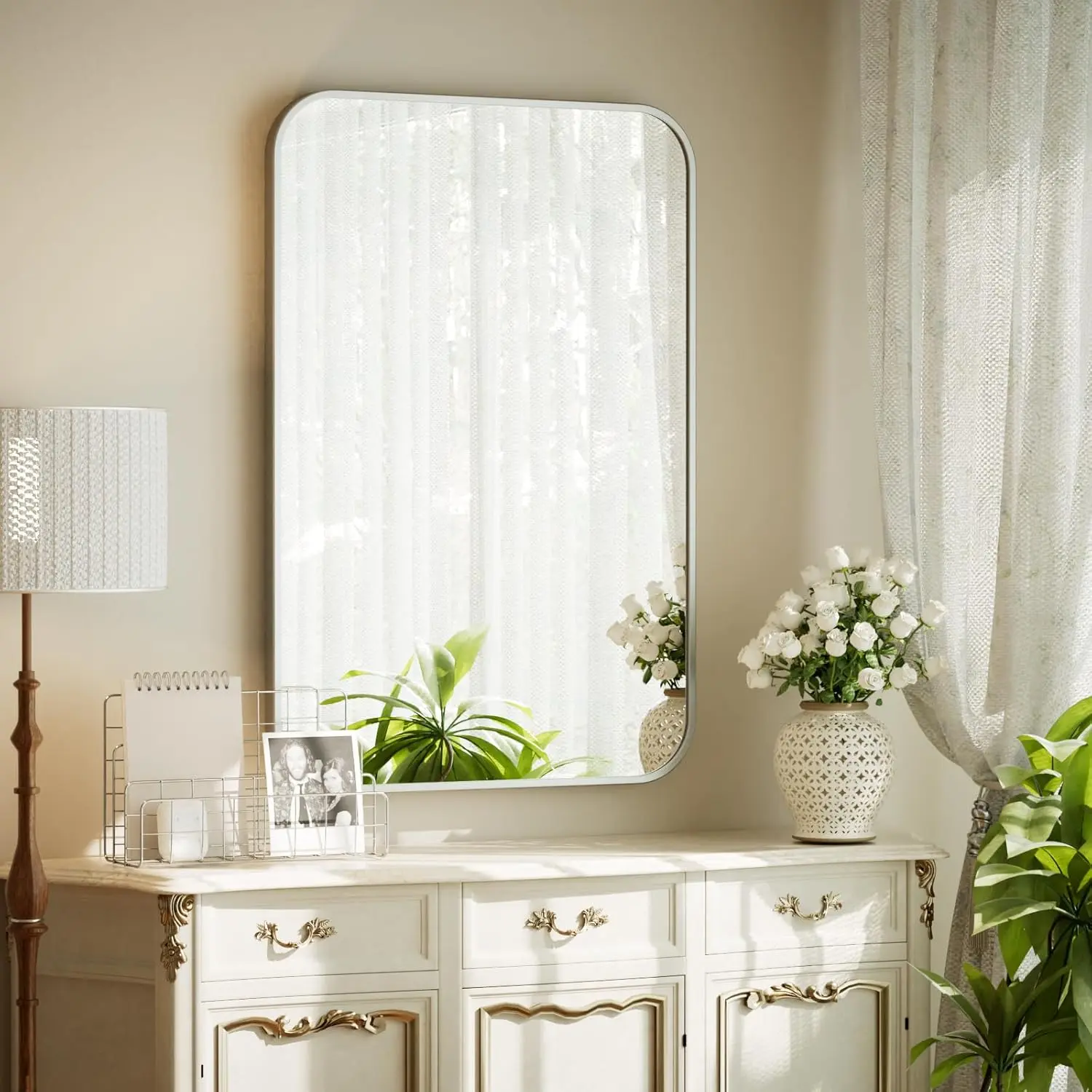 Wall Mounted Bathroom Mirror, 20" x 28" Rounded Rectangle Mirror,  Alloy Frame Bathroom  Mirror for Over Sink, Hangs Horizontally or Vertically