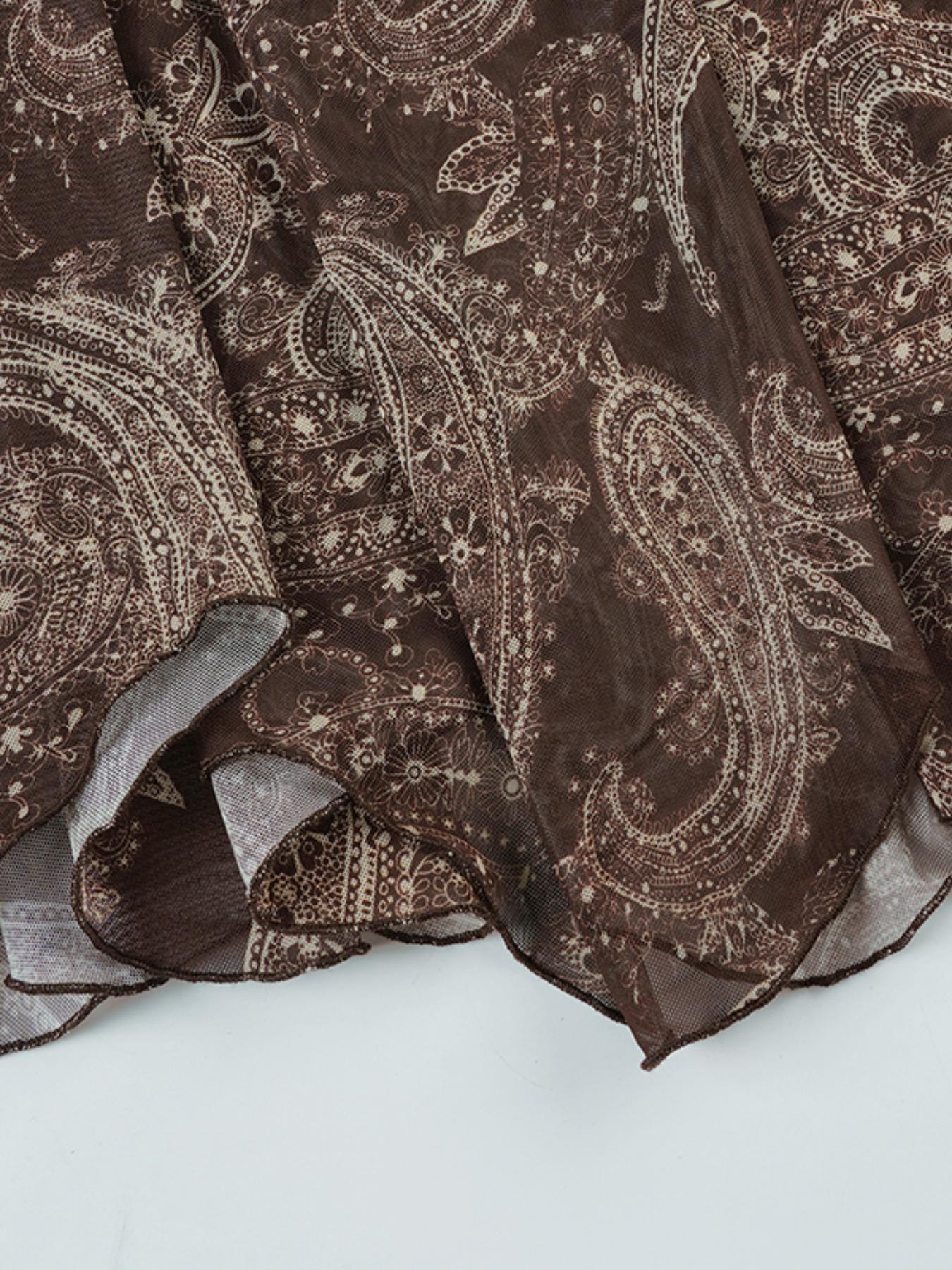 Vintage Mesh Print Fitted Long Maxi Skirt, Bohemian Vacation Style Half Skirt, Elegant Women's Fashion for Spring & Summer, Bottoms