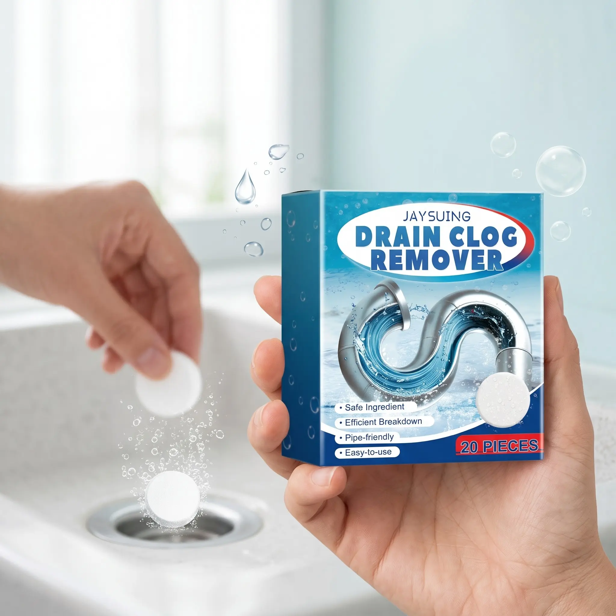 Jaysuing Pipe Unblocker Tablets, Strongly Dissolves Clogs, Removes Odors, Gentle on Pipes, Quick Dissolving, Convenient and Effective