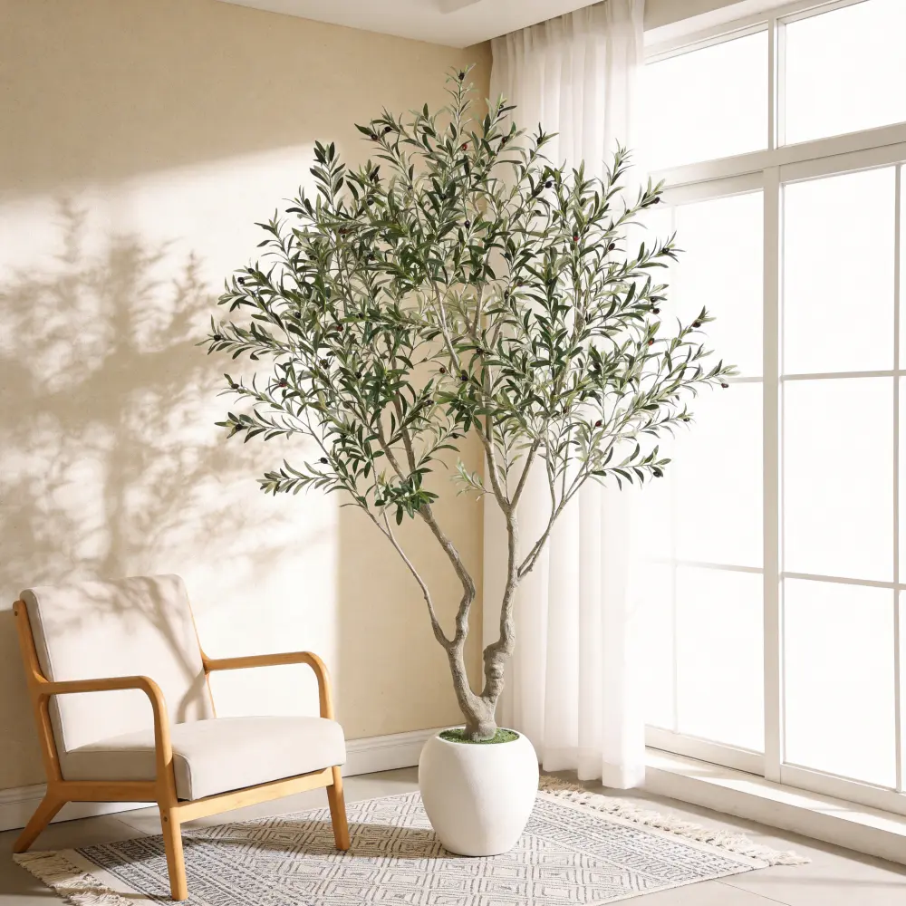 8FT Realistic Faux Olive Tree with Decorative White Pot, Moss Accent, Adjustable Branches, Modular Setup - Indoor/Outdoor Home Decor Faux Plant for Living Room, Office