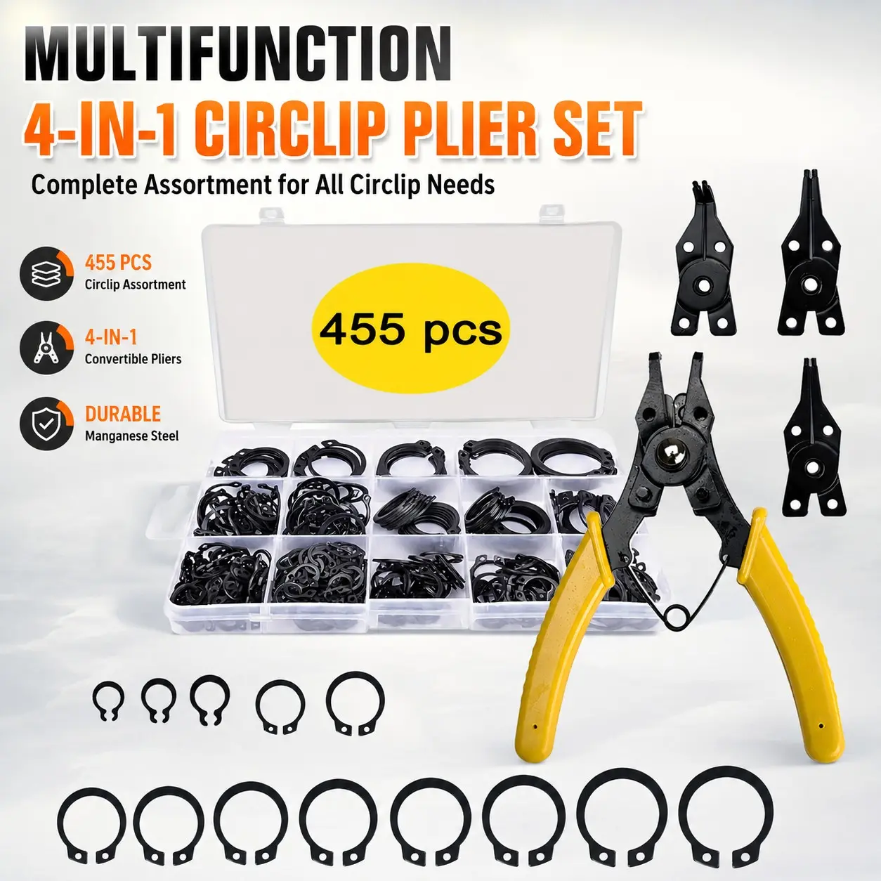 C Type Circlip Retaining Ring Shaft Stopper Combination Set, 15 Sizes Of Retaining Rings & Circlip Pliers Tools, Widely Used in Metallurgy Building Materials Multi-scenario