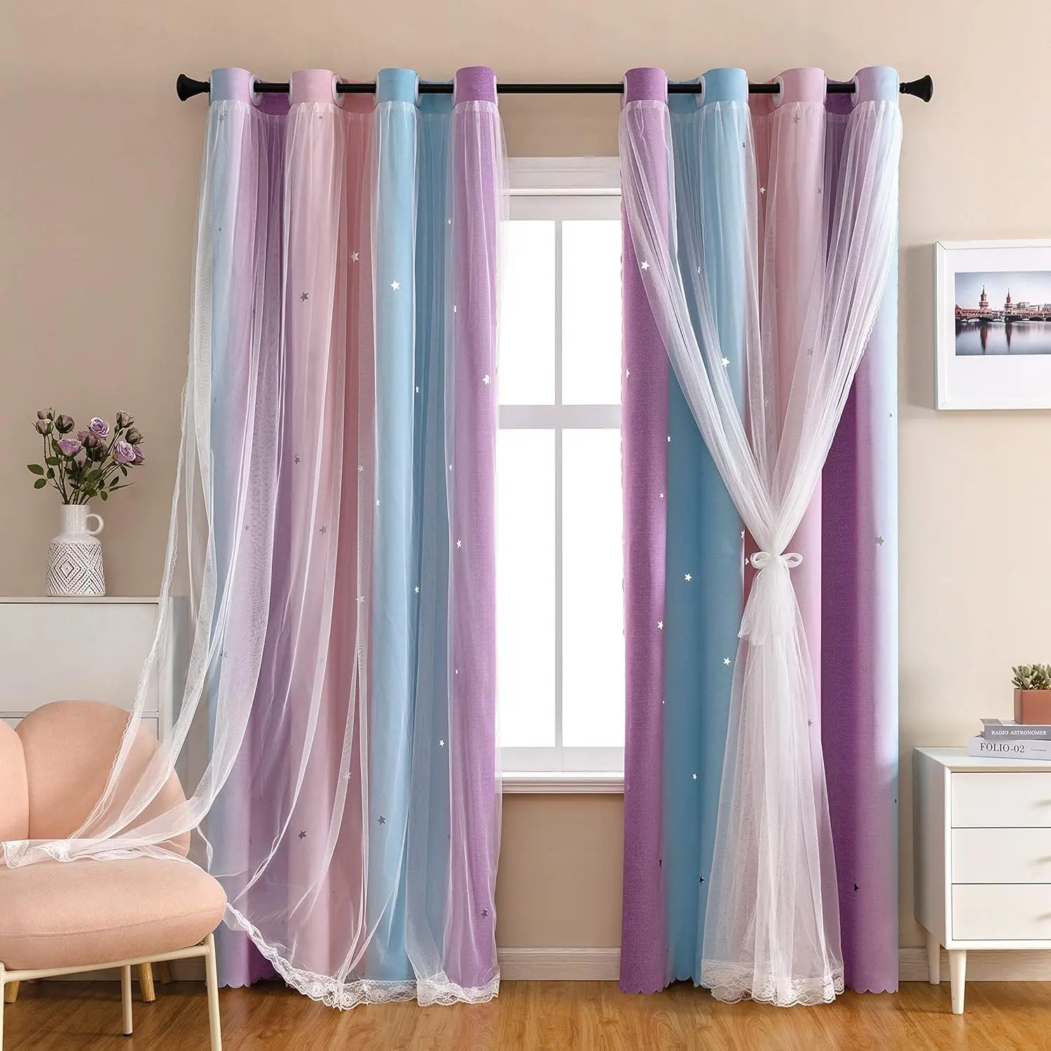 Dream Star Rectangular Blackout Curtains for Girls' Princess Bedrooms, Pink-Purple, W52 x L63