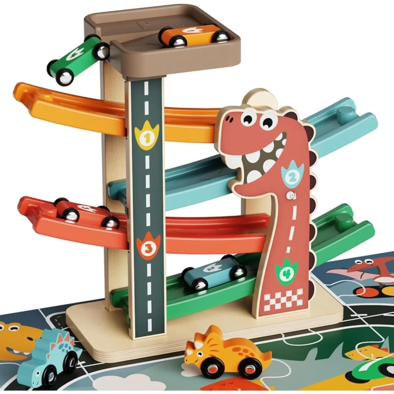 Natural Wood Dinosaur Playset - 4-Level Car Ramp Montessori Kids Toys, 6 Dinosaur & Racing Cars, Children Development Focus-Booster, Christmas/Birthdays Gifts for 2-3 Years Olds, Easter