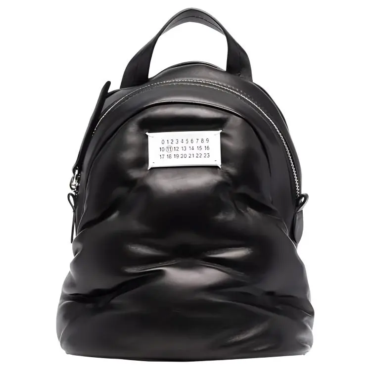 Maison Margiela Solid-Color Logo-Patch Zippered Pleated Leather Backpack for Women in Black