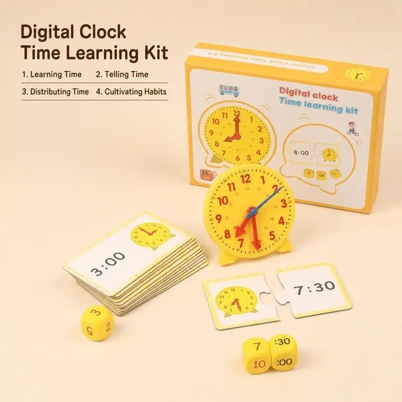Children Time Recognition Clock Teaching Set, Early Education Clock Puzzle Cards Dice Combo, Montessori Math Learning Toy, Learning Activity Set, Classroom Home Use