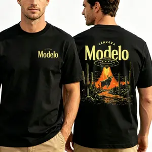 Black Short Sleeve T-Shirt, Front Mini "Cerveza" Print + Back UFO & Western Bull Desert Graphic, Sci-Fi Western Streetwear Style,  Unisex Oversized Tee, Streetwear Meetups, Great Gift for Sci-Fi & Western Fans
