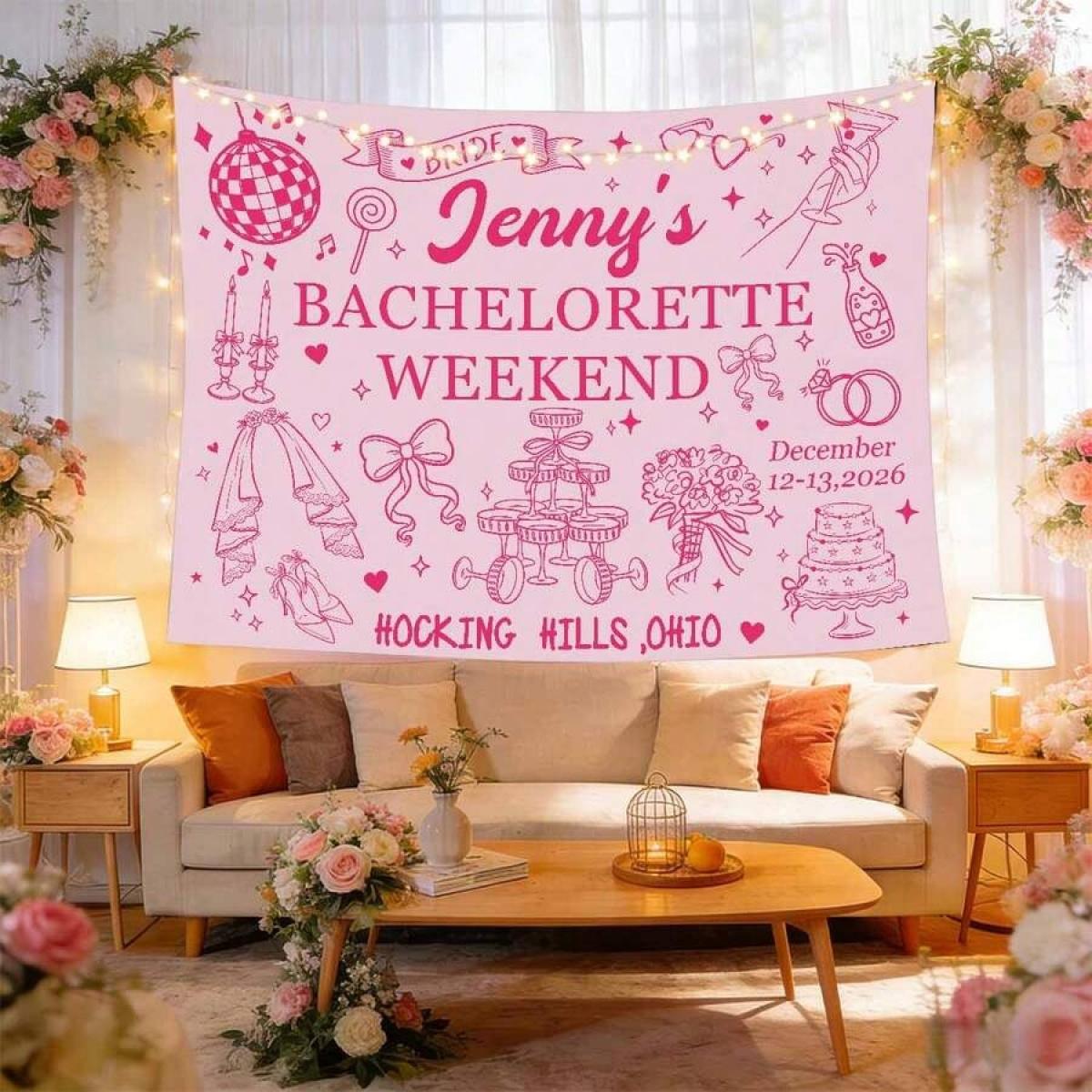 Custom Bachelorette Party Banner Tapestry, Personalized Party Wall Hangings Tapestries, Print Name/Location/Date On Background Cloth, Durable Peach Skin Fabric, Indoor/Outdoor Use, Unique Party Decor Gift For The Bride