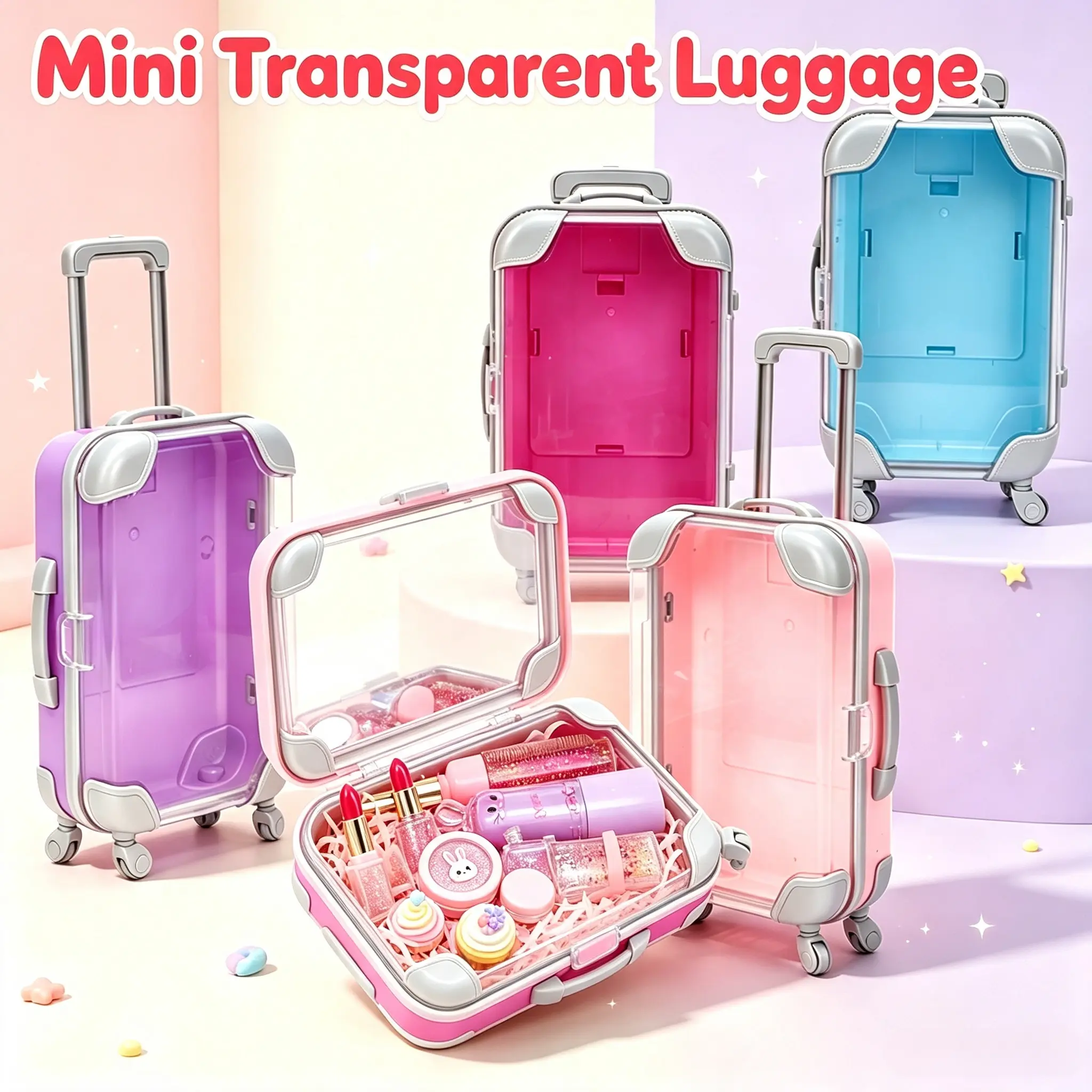 Mini Suitcase for Travel & Makeup Storage, Transparent Mini Candy Shape Luggage Storage Boxes&Bins, Portable Small Desktop Organizer Case for False Eyelashes, Jewelry & Tiny Cosmetics, Cute Gift for Girls