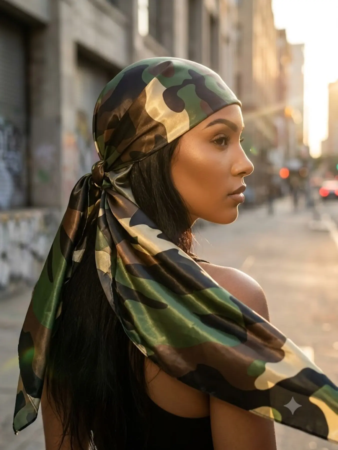 Aesthetic Camouflage Satin Scarf, Vintage Silk Camo Bandana for Women Men, Trendy Headscarf Durag, Multi-Use Scarf Top, Street Style, Vintage Print Headscarves