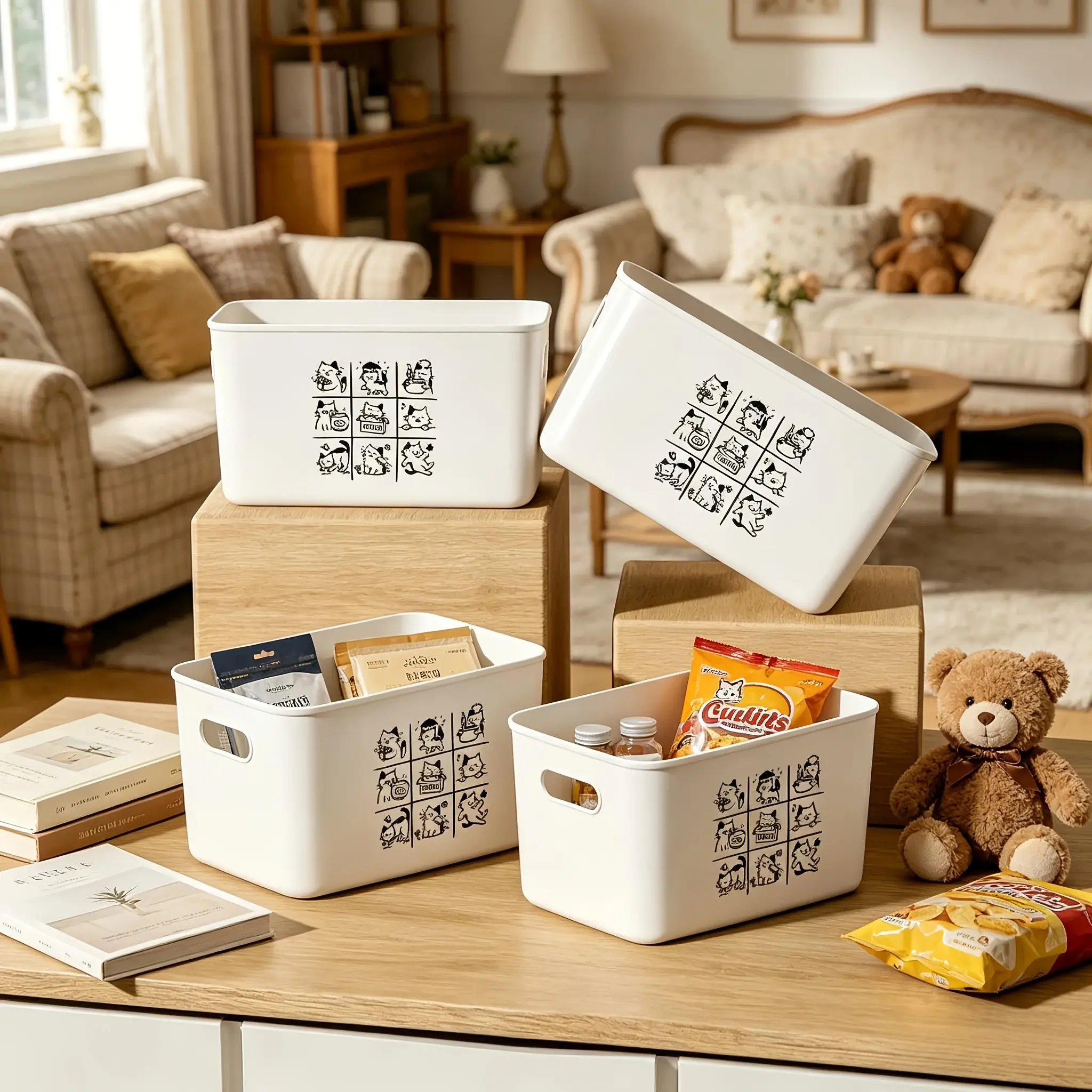 [HomeGlobe] 1 cute cat print storage box, multifunctional plastic organizer basket, household desktop storage bin, suitable for snacks, toys, and daily items