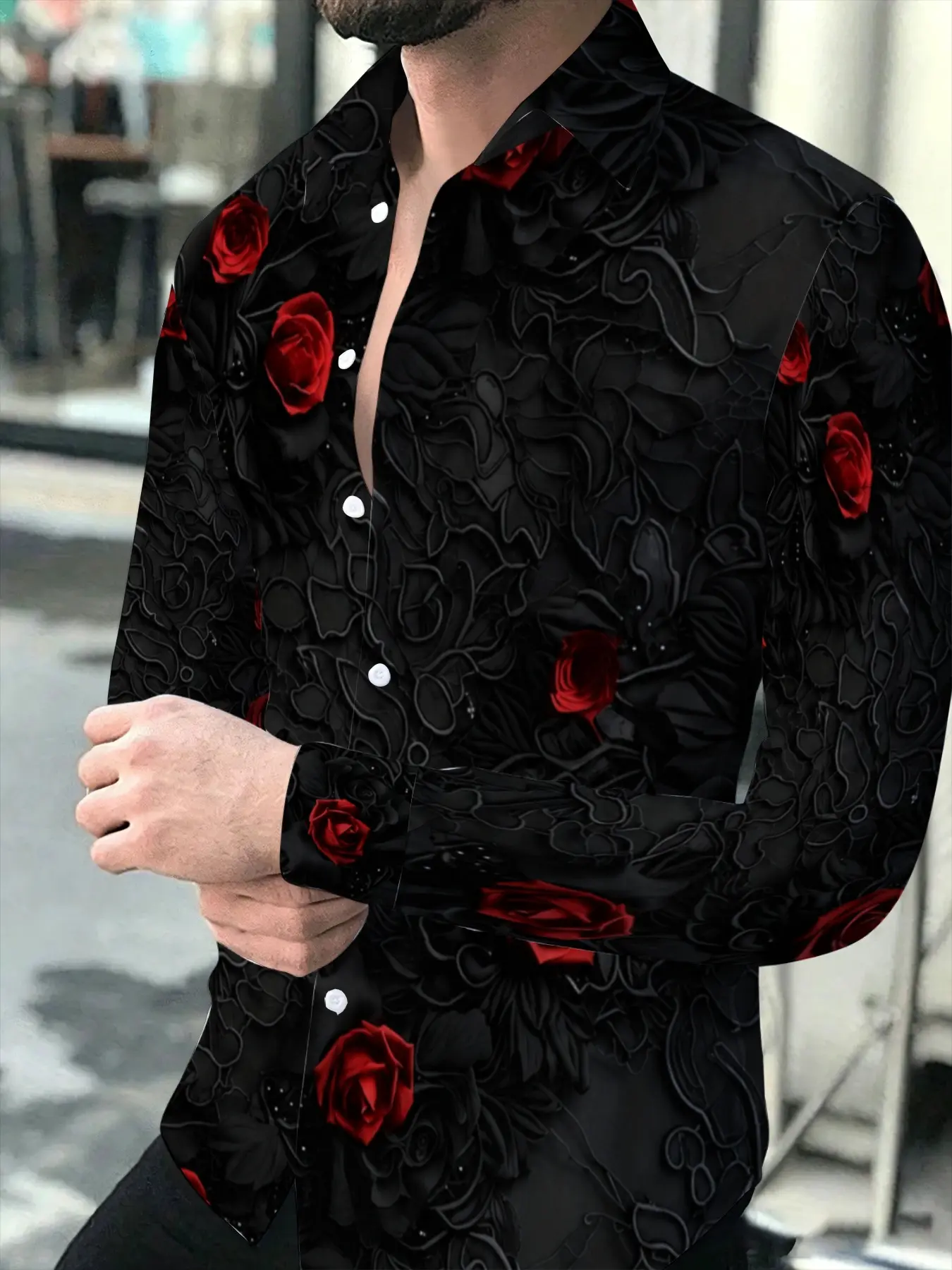 Men's Long Sleeve Shirt Fashion Black Base Red Rose Flower Print Slim Fit Casual Top Trendy Plant Floral Pattern Versatile Daily Commute Shirt Suitable for leisure and sports scenarios