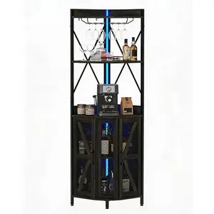 Industrial Multi-Tier Corner Storage Bar Cabinet with LED Lights, Built-in Power Outlet, Glass Holder, Metal Mesh Door & Adjustable Shelves (for Wine & Liquor Storage)