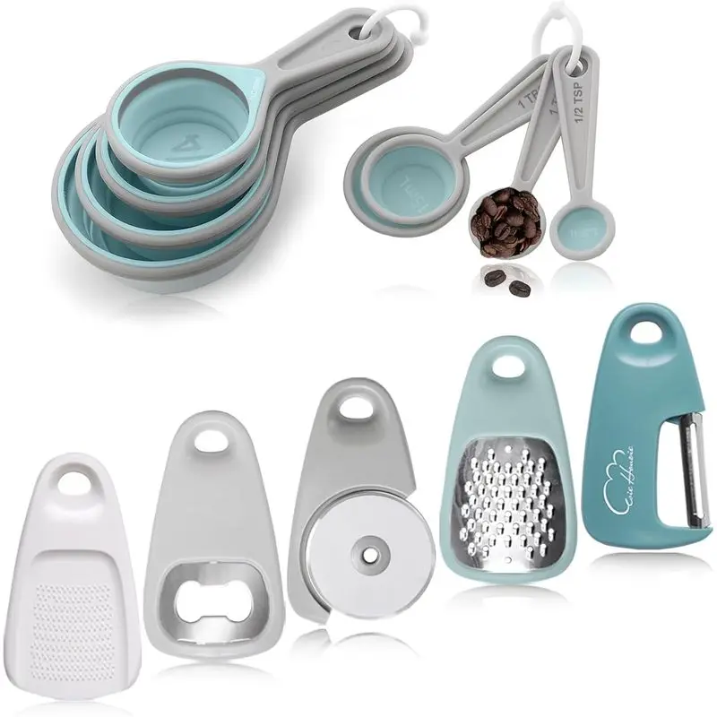 13 Piece Kitchen Gadgets Set, Space Saving Cooking Tools Kit with Cheese Grater, Pizza Cutter, Peeler, Garlic Grinder, Measuring Cups & RV Camping Essentials