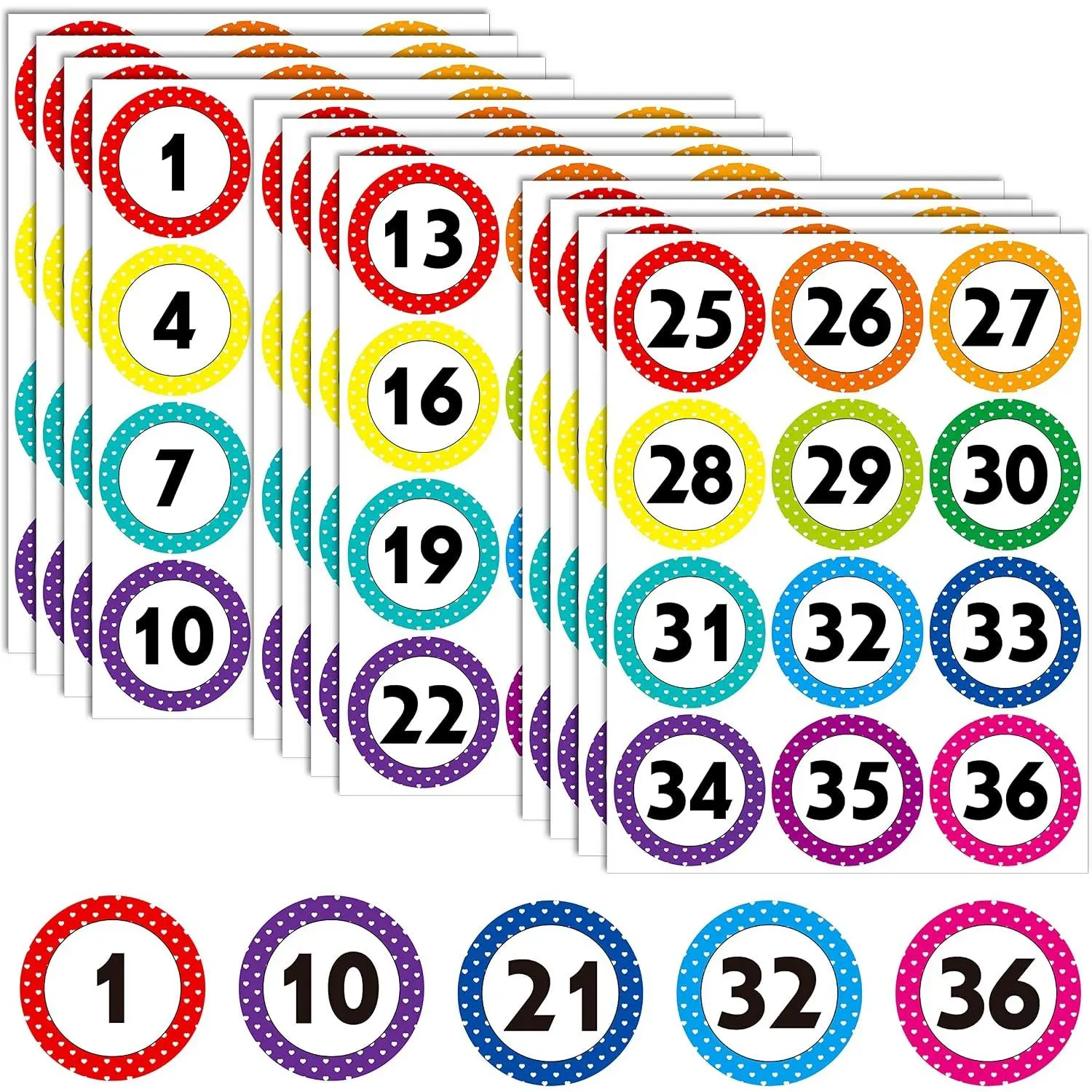 3” Erasable Self-Adhesive Polka Dot Set Number Stickers (144 Large Round, 12 Consecutive Sheets -36 Labels with Film) for Teachers’ Labeling, Office, Storage (Indoor/Outdoor Use)