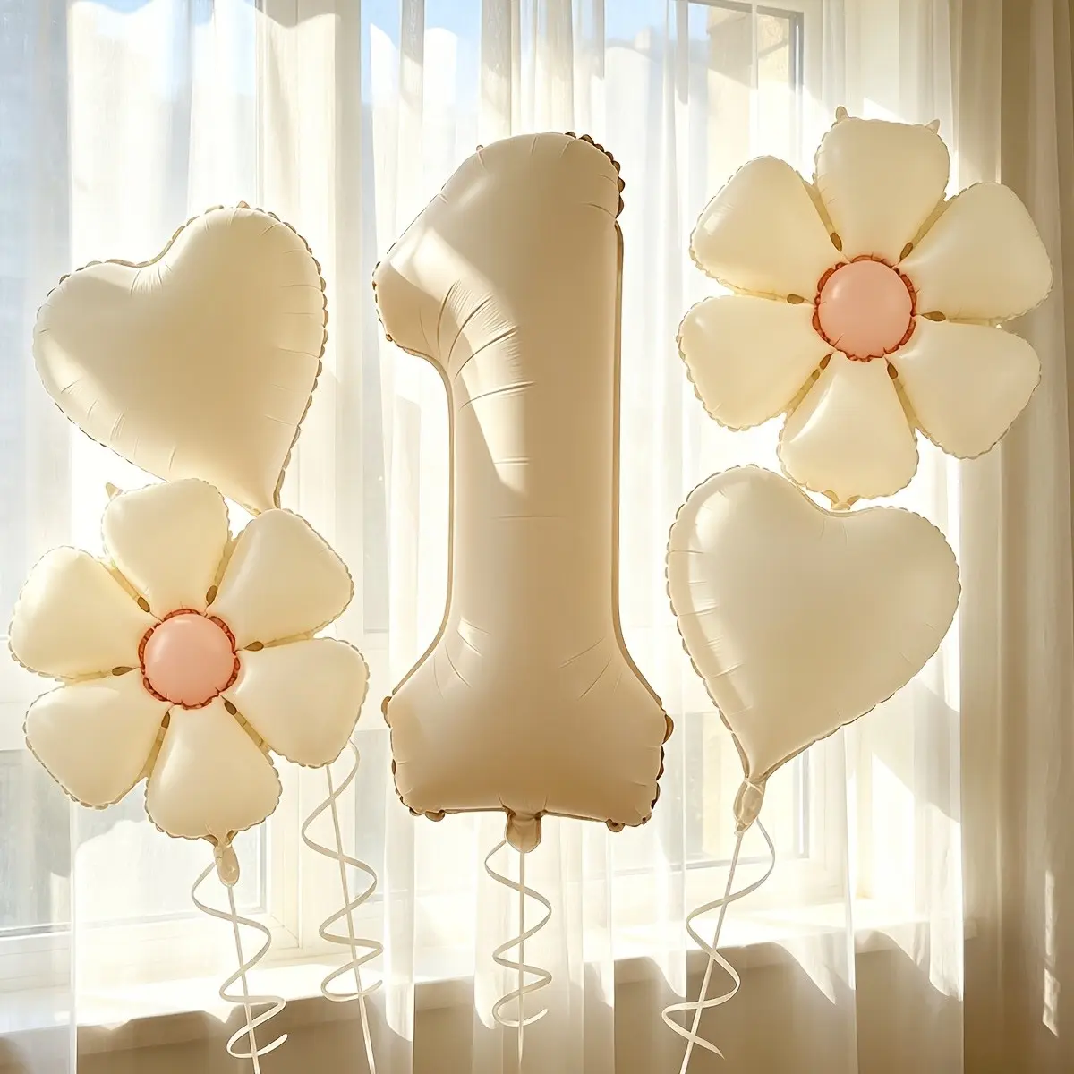 6Pcs Cream White Number Foil Balloon Set, 32 Inch Cream White Number Balloon, 18 Inch Daisy & Heart Balloons with White Ribbon, Party Decor Supplies for Birthday, Anniversary, Wedding, Bridal Shower & Graduation