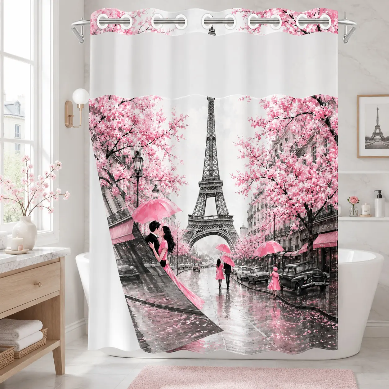 1 Pc 71x74 Inch Hookless Double Layer Shower Curtain, Girly Shower Curtain, with Snap-in Liner, Paris Eiffel Tower Cherry Blossom Couple Print, Waterproof & Mold Resistant with Mesh Top Window, Pink City Bathroom Decor for Apartment Home Hotel Dorm
